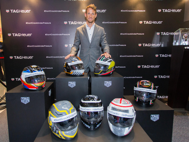 Jenson Button with top 7 helmet designs at Wisma Atria 17 September 2015