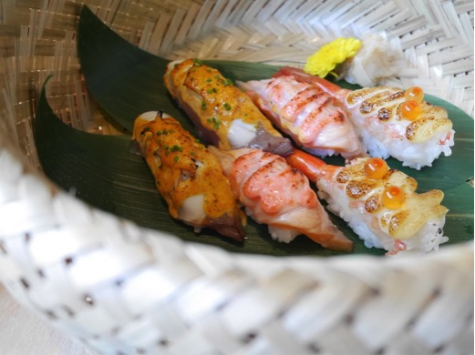 Aburi sushi; Kanpachi, Salmon belly and Bontan Ebi at S$38/five pieces.