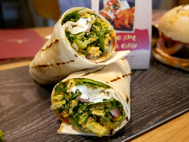 Vegetarian options include the new Roasted Veggie Wrap at S.90 on its own, or from S.90 with sides.