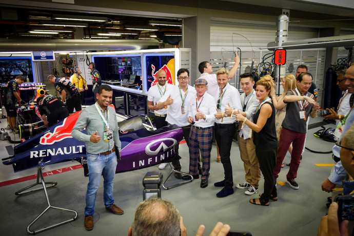 F1 Legend Sir Jackie Stewart at INFINITI Red Bull Racing garage 