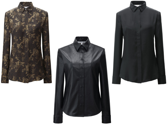 Silk Printed Shirt (S.90), Faux Leather Shirt (.90) and Silk Shirt (S.90).