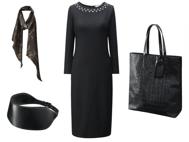 UNIQLO X Carine Roitfeld Outfit Idea. Jersey 34 Sleeve Dress (S.90), X Silk Scarf Tie (S.90), X Wide Belt (S.90) and X Crocodile Pattern Tote (S.90).