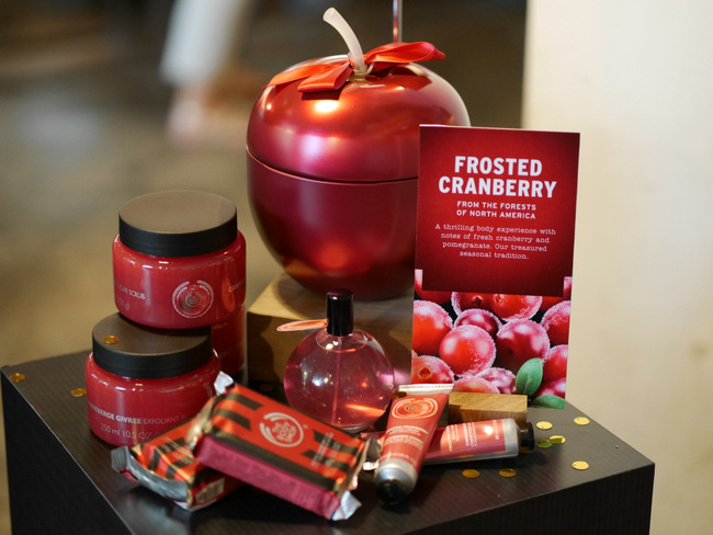 The Body Shop introduces their seasonal scents for the festive season. Pictured here is the full range for the always popular, Frosted Cranberry.