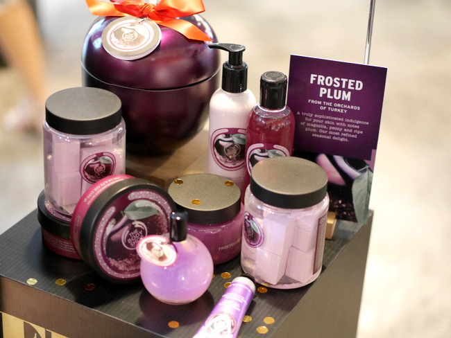 The Body Shop introduces their seasonal scents for the festive season. Pictured here is the full range for the new addition, Frosted Plum.