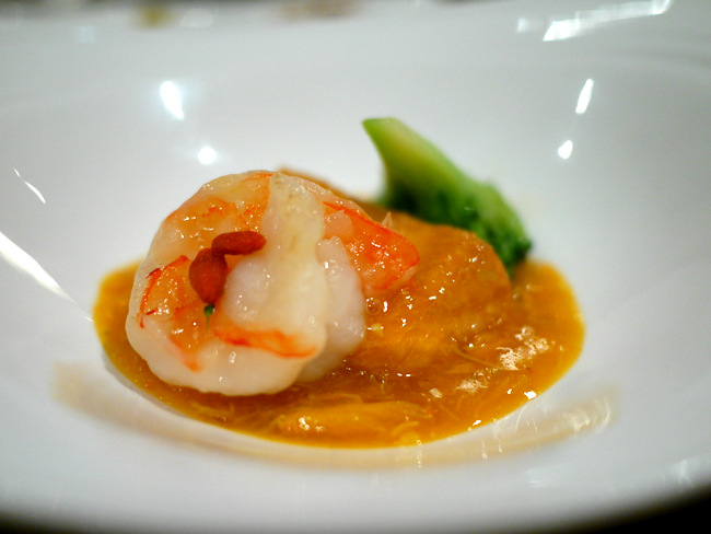 Braised Bean Curd with Prawns, Hairy Crab Meat and Crab Roe (S, serves two to four).