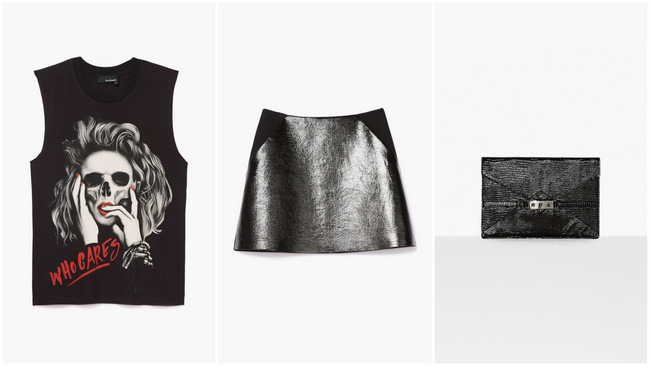 the Kooples, graphic sleeveless, leather skirt and clutch.