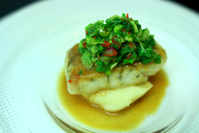 One of the distinctive British Cuisine, Pan Fried Sea Bass with Spring Onion and Creamy Potato