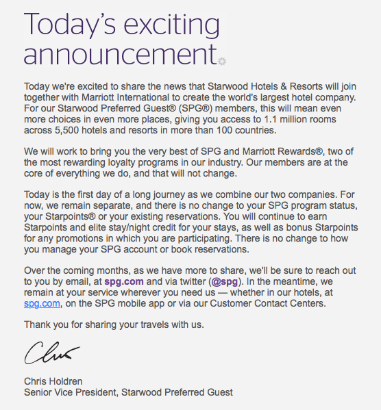 Starwood Preferred Guest Email notification about the Starwood / Marriott Merger and how it affects SPG members