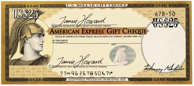 Limited edition gold American Express Gift Cheque with a face value of US