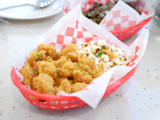 Over Easy Popcorn Chicken with Salted Caramel Popcorn.