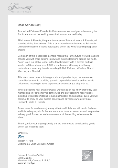 Email Sent to Fairmont Presidents Club members about the AccorHotels acquisition of FRHI