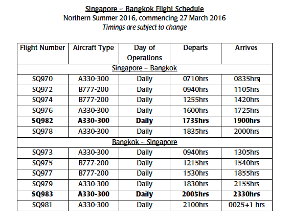 Singapore Airlines - Bangkok Flight schedule