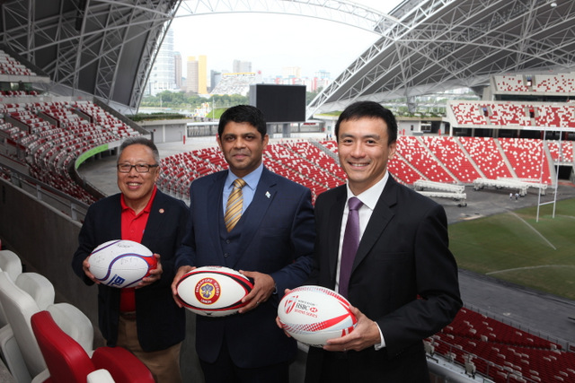 RugbySG Chairman Low with Fijian Civil Aviation Minister Sayed-Khaiyum and ESG Managing Director Terence Khoo
