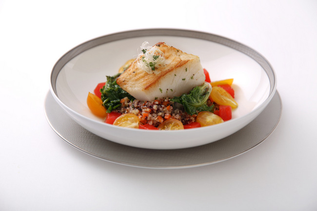 Singapore Airlines Wholesome Dishes - Chilean Seabass on a Bed of Kale and Quinoa Salad with Tomato Jelly and Almond Flakes - By ICP Chef Alfred Portale