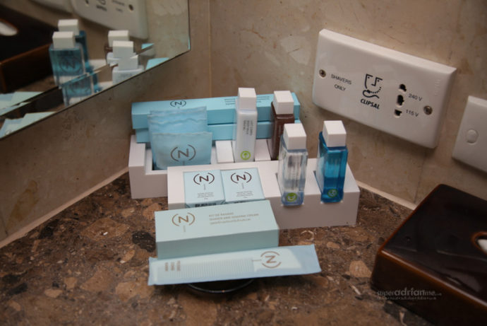 Amenities provided in the bathrooms of all rooms at the Novotel Bangkok Suvarnabhumi Airport.