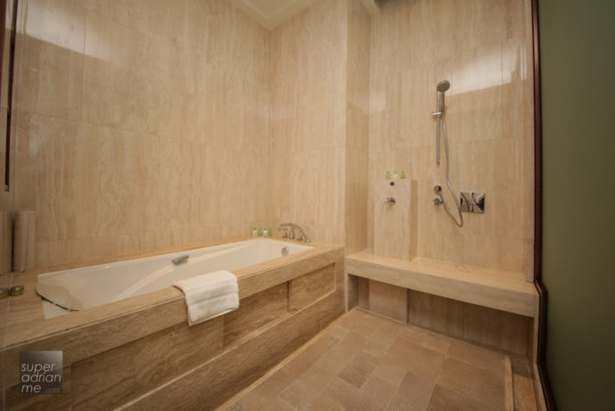Ensuite bathroom with Bulgari toiletries in the Olympian Suite
