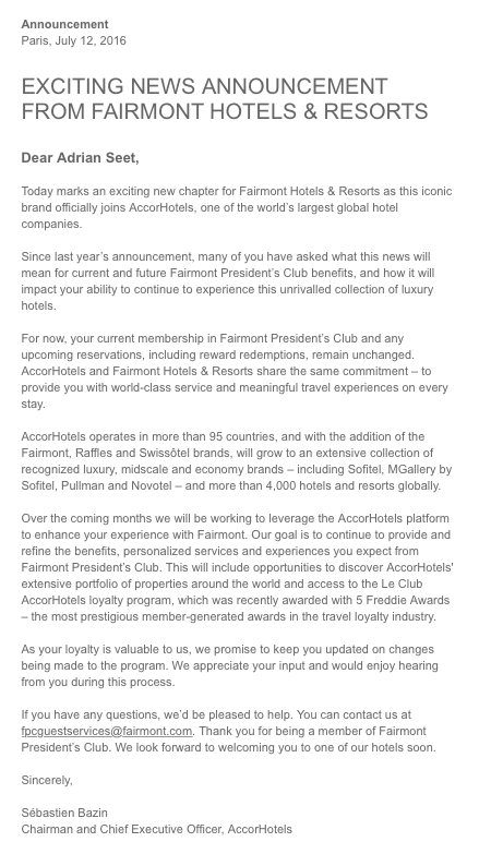 Email message from Sébastien Bazin, Chairman and CEO AccorHotels sent on 12 July 2016 to Fairmont President's Club members.