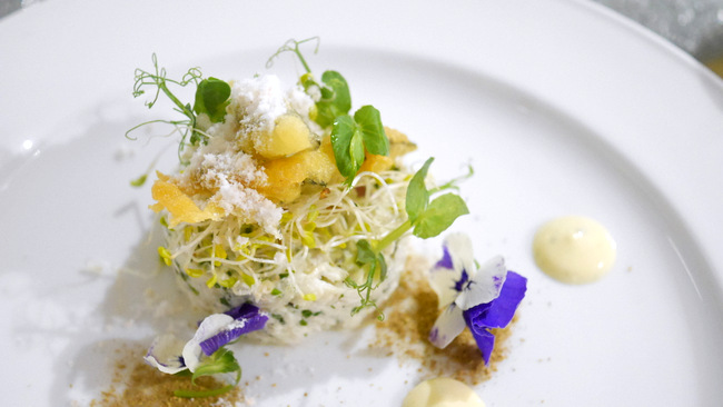 Spanner Crab (S$25) with lime mayonnaise, spring herbs & flowers, seaweed crackers, wasabi snow and sansho.