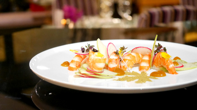 Poached Sweet Prawns (S$26) with mirin, sake and soy poached prawns with granny smith and baby radish carpaccio, bonito flakes and ponzu dressing.