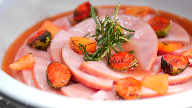 Gammon Ham with Rhubarb Sauce.