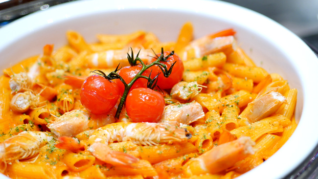 Prawn Penne with Pink Vodka Sauce.