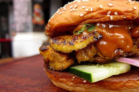  Dig into The Little Red Dot burger that has 140g of juicy chicken patty, cucumber strips, shaved red onions, topped with caramelised pineapple, lathered in ginger peanut sauce, and served between two sesame buns at The Butchers Club Burger.