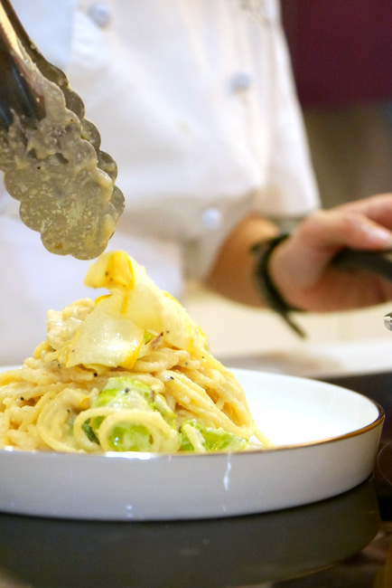 Sauteed Miso Pasta with Brussel Sprouts and Zucchini Ribbons.