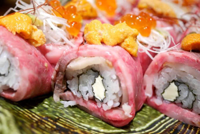 Sushi Roll with Matsusaka Beef slices and Sea Urchin or Fish Roe from Tsukiji Sushi Takewaka.
