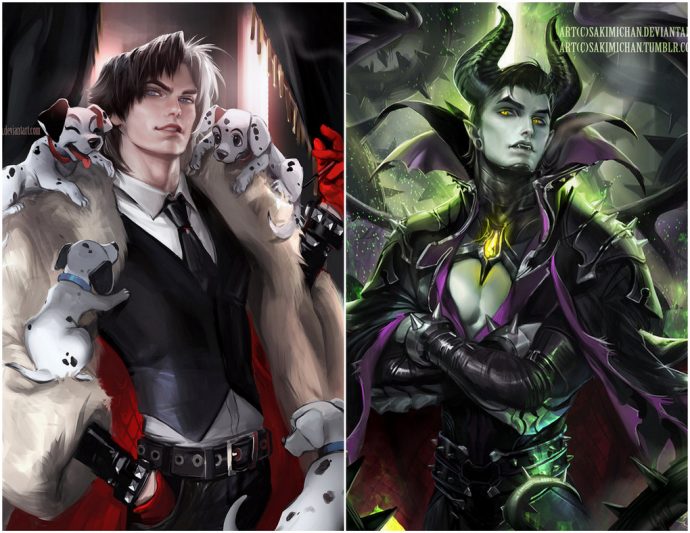 Male versions of Cruella (left) and Maleficent (right) by Sakimichan.