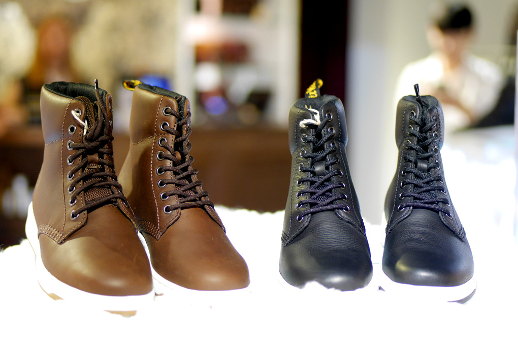 DM's Lite Rigal 8-Eye Boot in Tan (left) and Black (right) (S$239 each).