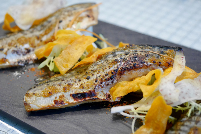 Shoyu Saba (Gluten Free) (S): mackerel fillet, crispy root vegetables and gari.