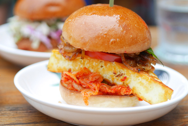 Loof's Kimcheeseburger (S$18): grilled haloumi patty, kimchi and caramelised onions.