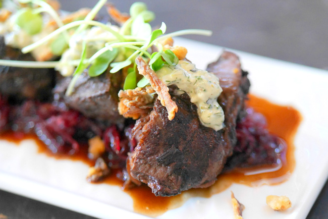 Alchemist Beer Lab's Slow Cooked Pork Cheeks (S$16), with sweet and sour red cabbage, crispy pig's ear and cabernet syrup.