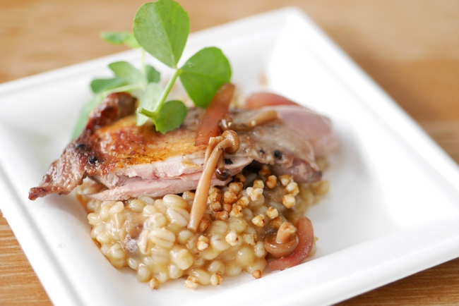 Team Saveur Art presents Half Roasted French Quail with pearl and barley & forest mushroom risotto, pickled shimeji, Japanese buckwheat and shallots at Savour Christmas.