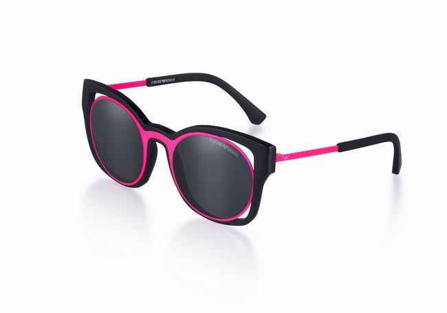 Luxottica presents Emporio Armani F/W'16. Pictured here is the EA 4091 in fluorescent fuchsia inserts and grey lenses.