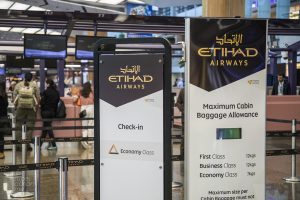 Etihad Airways Economy Class check in counter at Changi Airport Terminal 2