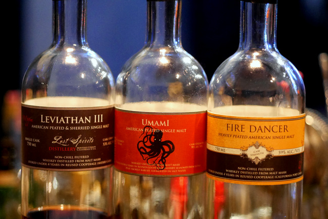 The Secret Mermaid offers tasting flights, including one for Lost Spirits. Pictured here is the Leviathan III, Umami and Fire Dancer American Single Malt Whiskies.