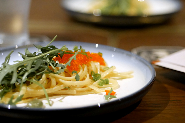 The Belljar's new menu features the Miso Tobiko Pasta (sample size here).