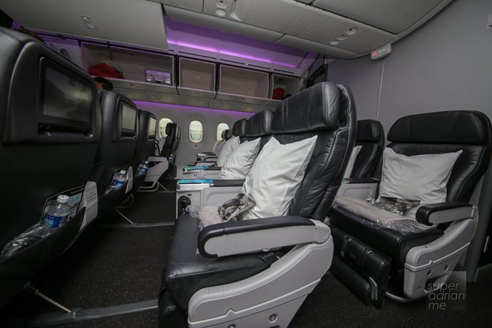 Air New Zealand Premium Economy seats in a 2 - 3 -2 configuration onboard the B787 Dreamliner