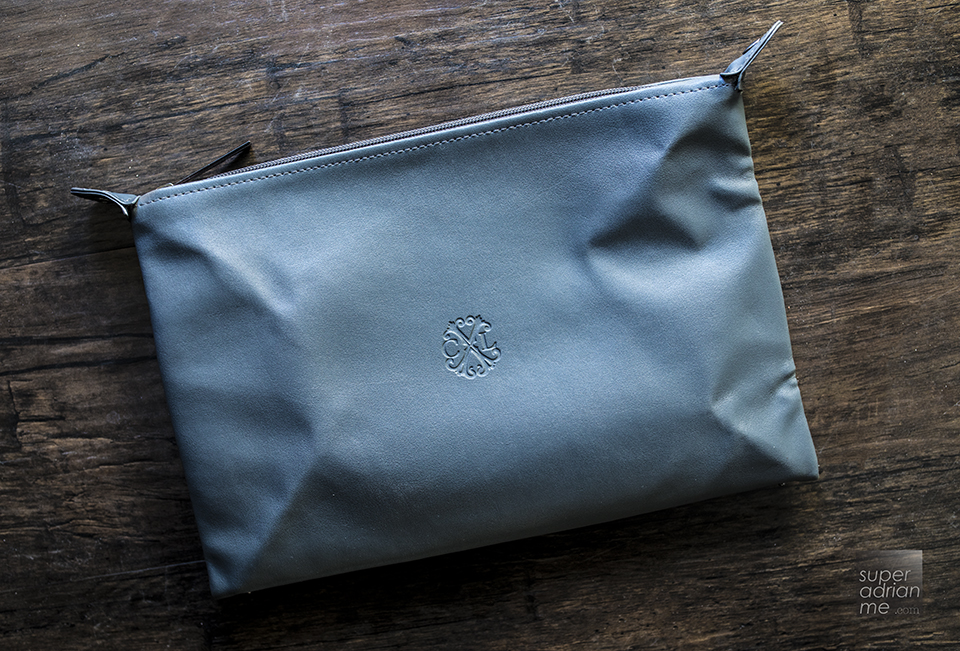 Etihad Airways First Class amenity kit wash bag for men opens up.
