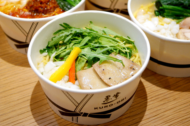 KURO-OBI offers up Yokohama ramen noodles in a rich Tori-paiten (100% chicken broth) for takeaways at Marina Bay Sands. Pictured here is the CHA-OBI (S), which features a light and clear vegetable broth and a medley of vegetables.