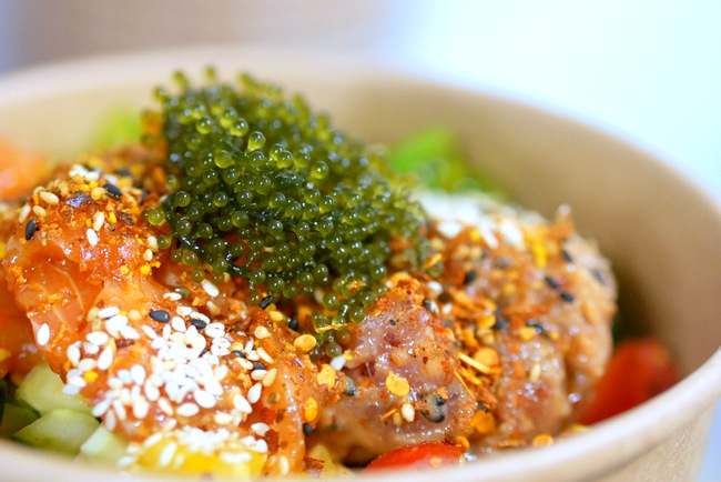 Meal Belly brings Green Caviar, the famous sea grape seaweed from Okinawa, straight from the ocean and into our homes. Pictured here are the green caviars used as a topping in a Poke Bowl courtesy of The Poke Theory.