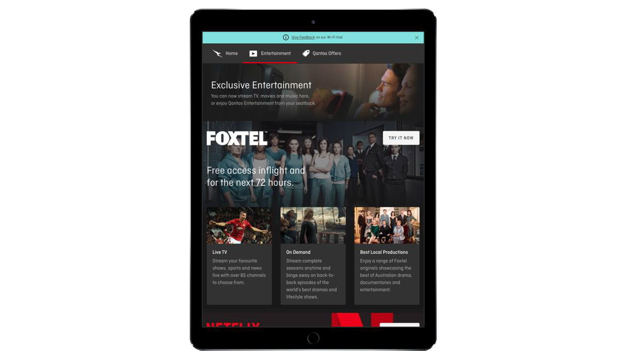 Watch Netflix, Foxtel or Listen to music on Spotify with Qantas Wi-Fi (Source: Qantas)