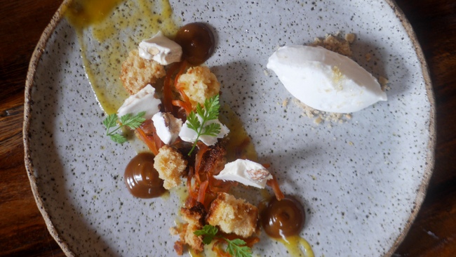 Morsels by Chef Petrina Loh at Dempsey: Jackfruit 3 Ways (S) with homemade coconut yoghurt, pistachio nougat and brown butter crumble.