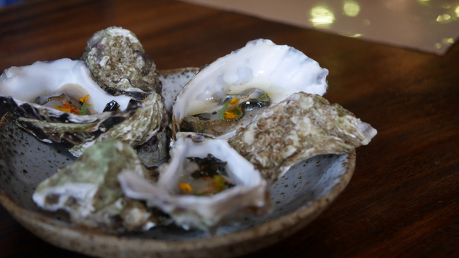 Morsels by Chef Petrina Loh at Dempsey: Isginy Oyster No.3 (S$6/piece, min. 6 pieces) with kumquat shrub, pickled kaiso seaweed and Mexican tarragon.