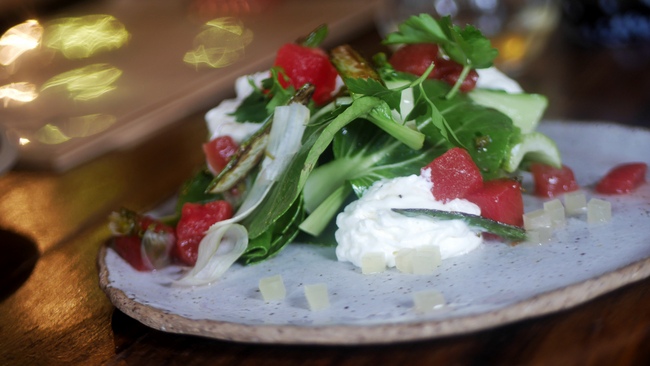 Morsels by Chef Petrina Loh at Dempsey: Compressed Watermelon Salad (S) with fermented watermelon salsa, whipped burrata, asparagus and pickled rind.