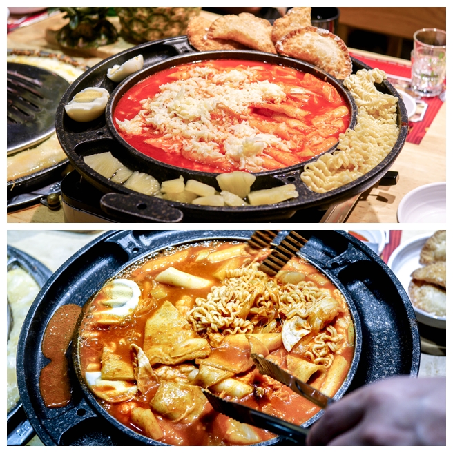 Seorae, Korean Charcoal BBQ, serves a Cheese Mandu Tteokbokki (cooked in hot sauce with fried fish cake, egg, corn cheese dumplings, ramyeon and pineapple) as part of their dinner menu (S++/2 with three BBQ meats and free flow barley tea).