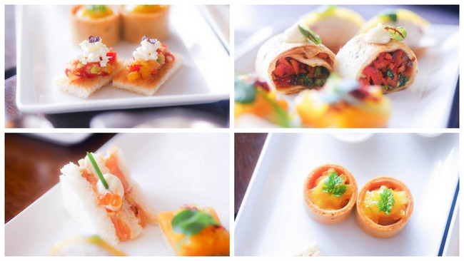 Axis Bar and Lounge will be serving up a Mango Afternoon Tea during May 2017. Pictured here are items from the second course, (top left, clockwise) Marinated bell pepper and raw mango crostini with crumbled feta cheese, Tandoori chicken and mango chutney wrap with spice aioli, foie gras terrine and mango marmalade tartlet and a smoked salmon and green mango sandwich.