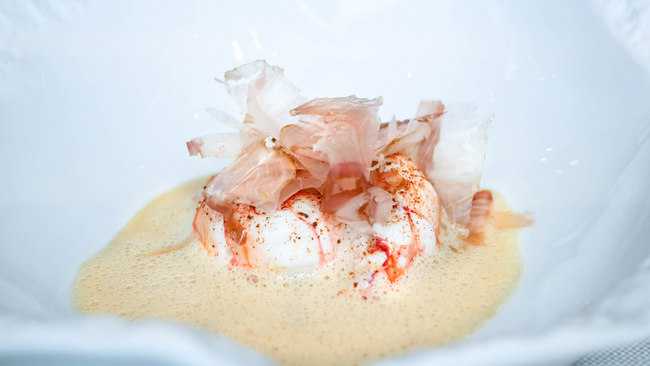 Art At Curate at Resorts World Sentosa presents Series 2 with two Michelin-starred Chef Richard Van Oostenbrugge. Presented here is the main of langoustine poached in duck fat with katsuobushi Albufeira and coffee.