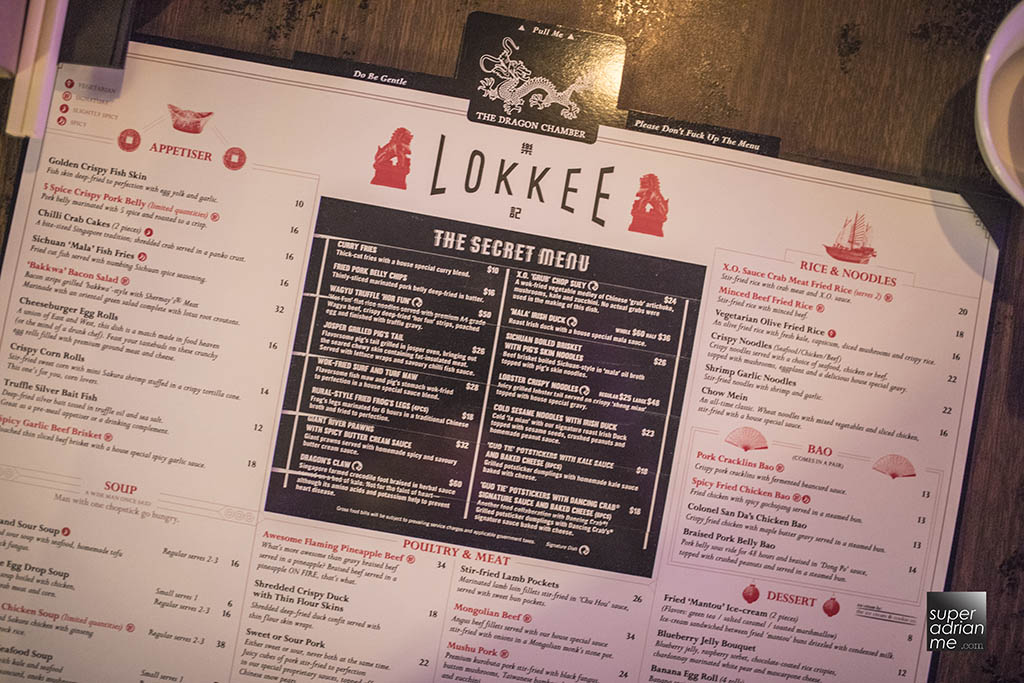 The Dragon Chamber's secret menu within Lokkee's existing menu.